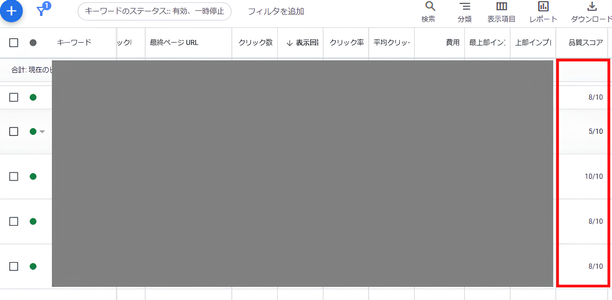 品質スコア表示画面