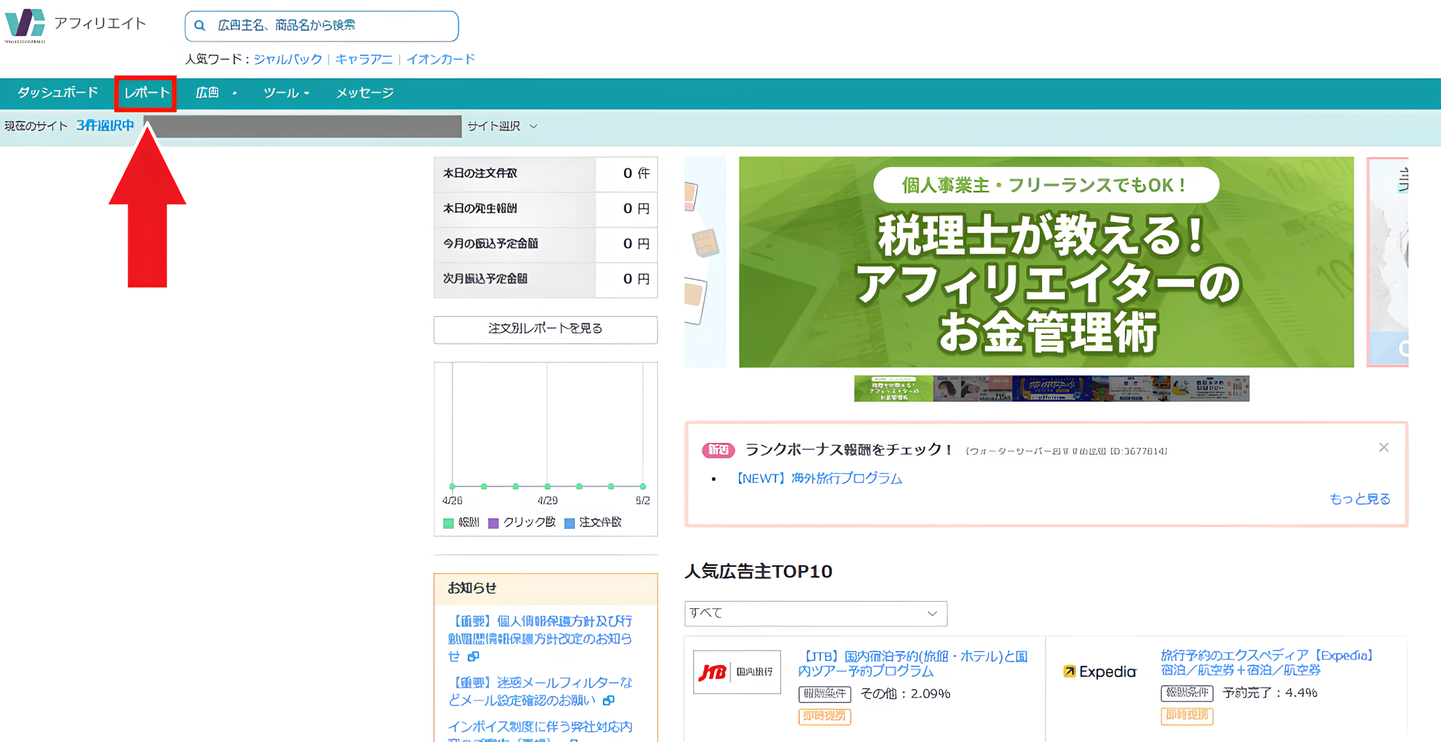 バリューコマース管理画面トップページ