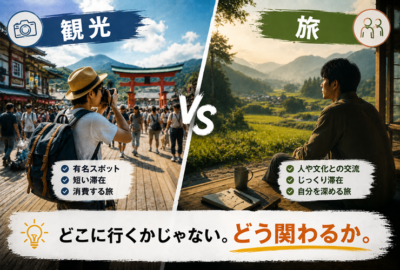 どこに行くかよりどうかかわるか。「観光」と「旅」の違いのイメージ