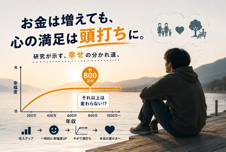 お金が増えても心の満足度が頭打ちになるイメージ