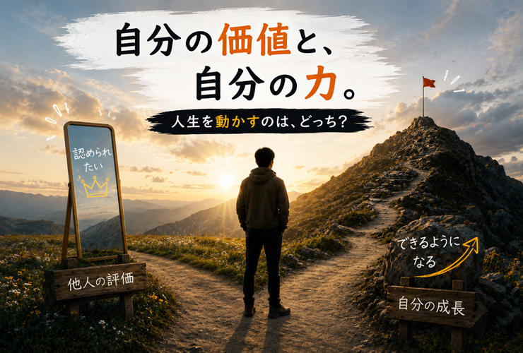 人生を動かすのは、自分の価値か自分の力かを問うイメージ