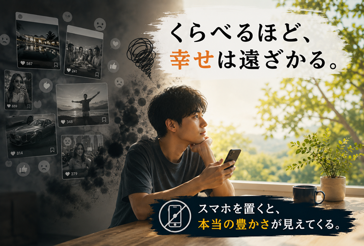 スマホを置くと本当の豊かさが見えてくるイメージ