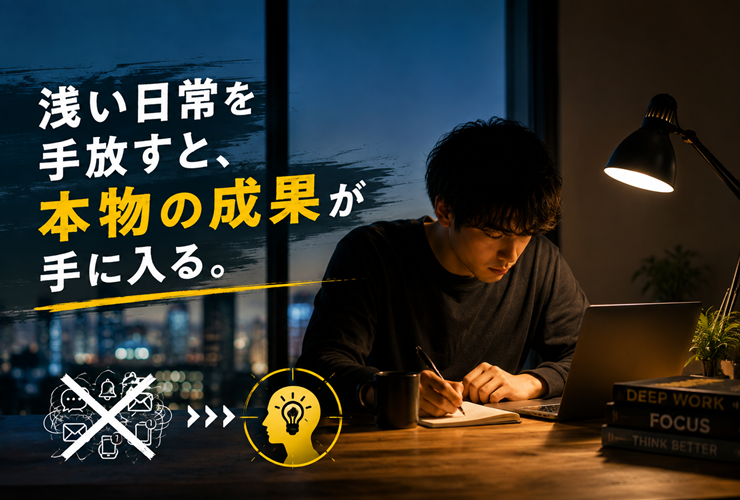 浅い日常を手放すと本物の成果が手に入るイメージ