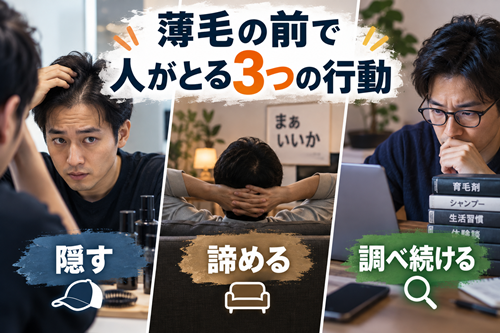 薄毛の前で、人がとる3つの行動のイメージ