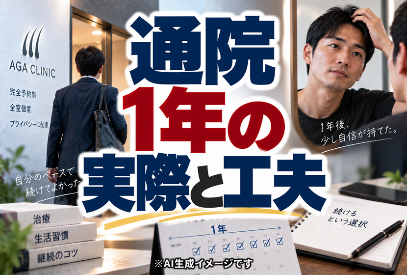 AGA治療のプライバシーと、通院1年の実際と工夫のイメージ